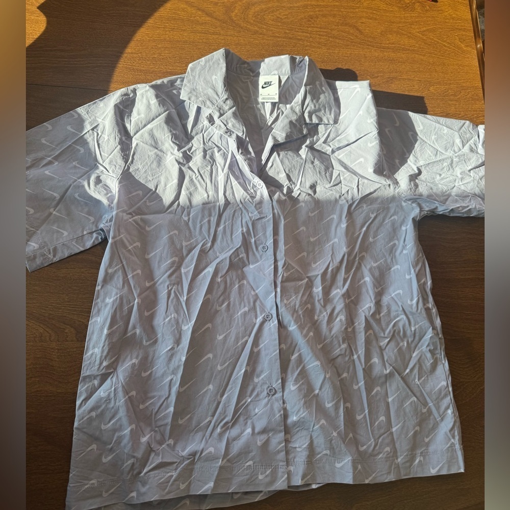 Nike Gray Short-Sleeve Button-Up with White Swoosh Print